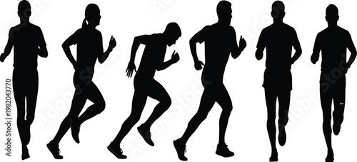 Diverse group of people running and jogging silhouettes for sports and health concepts