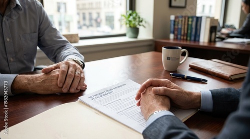 Two men are sitting at a wooden desk, reviewing a retirement fund and pension plan summary. They are holding hands and appear to be discussing the document intently.
