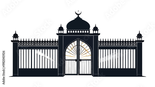 Ornate mosque gate with crescent moon.