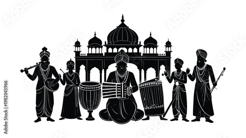 Traditional Indian musicians performing in front of mosque.