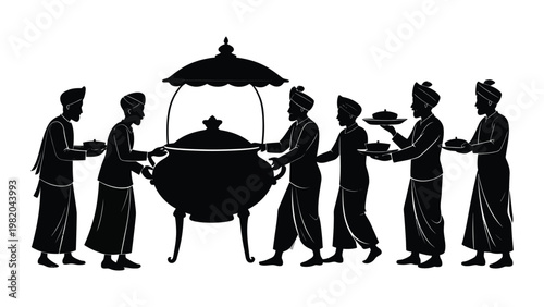 Traditional Asian people carrying ceremonial items.