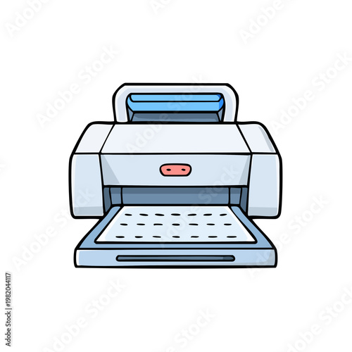 Modern office inkjet printer machine printing documents with blue accents and paper tray extended