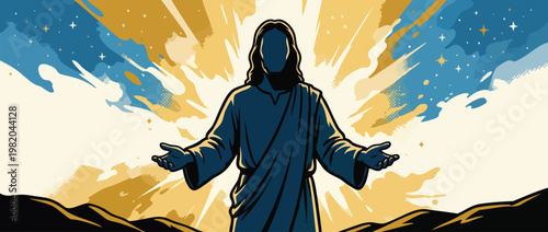 Religious Jesus Christ Silhouette with Open Arms and Heavenly Light