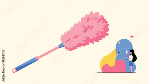 Large pink fluffy feather duster with a blue handle shown next to a stylized figure cleaning a surface.