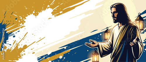 Religious Illustration of Jesus Christ Silhouette with Open Hands and Lanterns