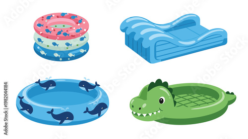 Collection of four different inflatable pool toys including round rings and animal shapes for summer water fun and swimming.