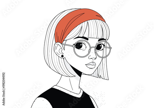 Stylish young woman with headband and round glasses in a modern art style