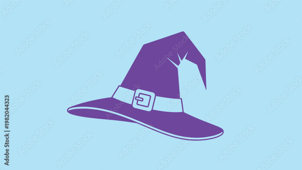 Fototapeta premium Purple witch hat with a pointed top and a buckle strap, isolated on a light blue background, perfect for Halloween themed designs.