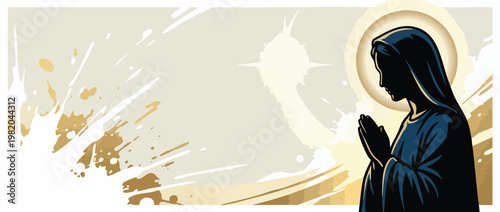 Religious Prayerful Virgin Mary Silhouette with Soft Halo and Abstract Background
