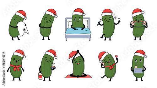 Ten various pickle characters wearing red Santa hats and engaging in different Christmas activities like sleeping, singing, and eating.