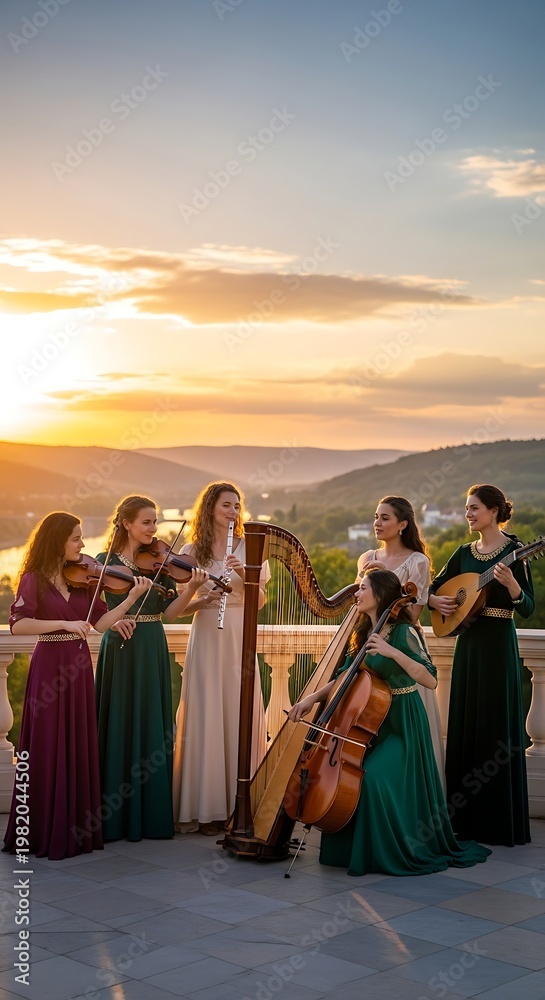 Fototapeta premium Musical Ensemble Performing Outdoors at Sunset.