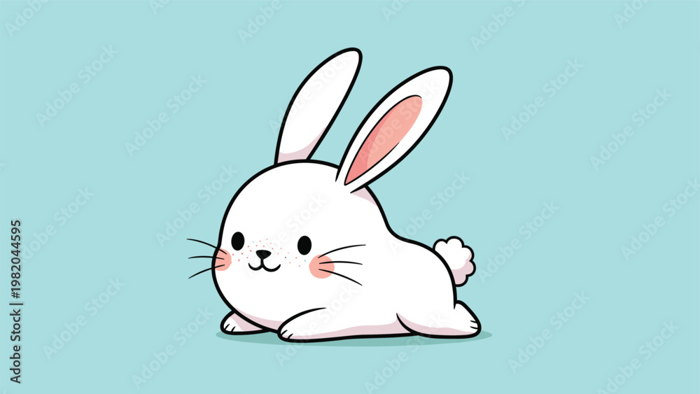 Fototapeta premium Adorable white bunny rabbit lying down on a light blue background, featuring pink ears, rosy cheeks, and a fluffy white tail.