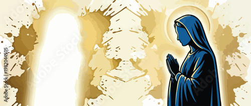 Religious Virgin Mary Silhouette Praying with Soft Halo in Abstract Style