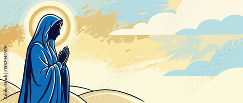 Religious Virgin Mary Silhouette Praying with Soft Halo in a Spiritual Setting Background