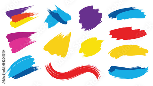 Various colorful paint brush strokes in red, yellow, blue, and purple, arranged randomly to create an artistic and vibrant collection.