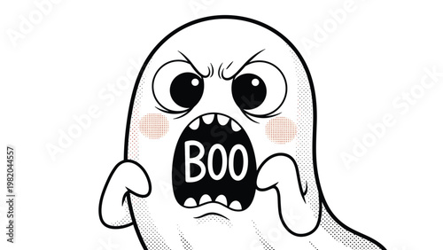Close-up illustration of a friendly ghost with large eyes and a wide open mouth saying Boo, with light pink blushing cheeks.