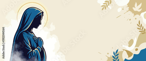 Religious Virgin Mary Silhouette with Prayerful Pose and Soft Halo for Spiritual Designs