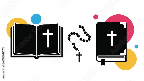 Christian religious collection featuring an open Bible, a closed holy book, and a traditional black rosary for prayer and devotion.