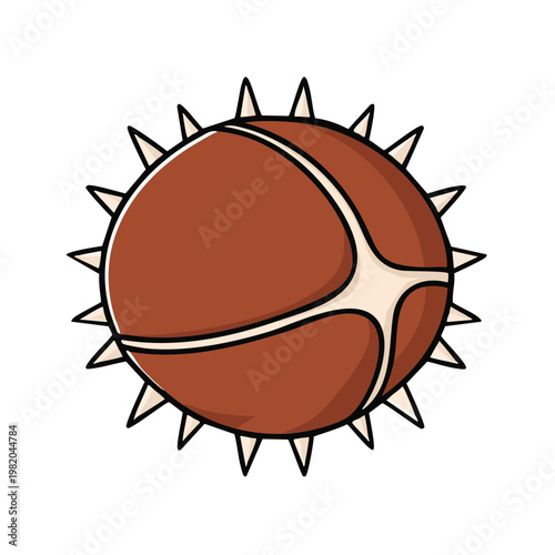 Stylized brown spiky chestnut or conker illustration with detailed segmentation and simple outline on white background
