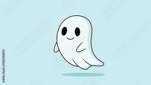 Friendly cartoon ghost character floating happily with a small smile against a soft light blue background for festive Halloween themes.
