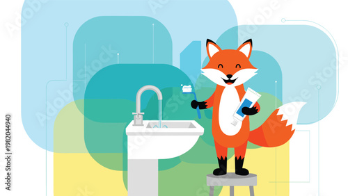 Charming illustration of a cartoon fox standing on a stool to brush its teeth at a white bathroom sink with toothpaste.