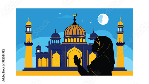 Illustration of a woman in front of a mosque at night.