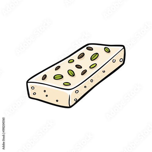 Hand drawn illustration of a rectangle shaped halva dessert with nuts