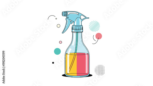 Clear plastic spray bottle filled with a dual colored yellow and pink liquid set against a backdrop of colorful abstract circles.