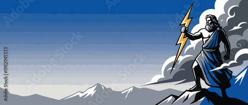 Zeus God Holding Lightning Bolt on Mountain Summit for Power and Majesty