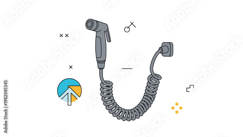 Modern handheld bidet sprayer with a coiled metal hose and wall mount attachment for bathroom hygiene and sanitation purposes.