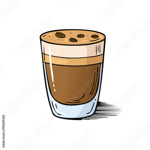 Delicious layered coffee drink with foam and coffee beans in a clear glass