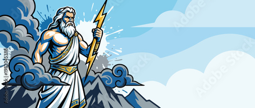 Zeus God Holding Lightning Bolt with Storm Clouds and Mountain Peaks