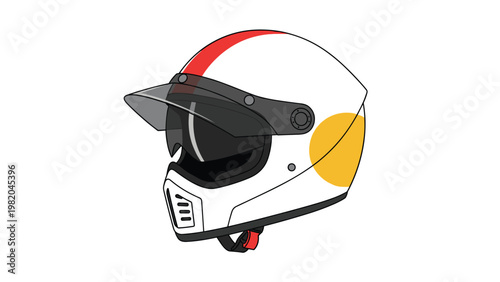 White motorcycle helmet featuring a red racing stripe and a dark tinted sun visor for protective headgear and biker safety.