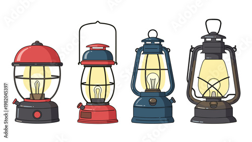 Set of four different vintage style camping lanterns in red, blue, and black for outdoor illumination and rustic decor.