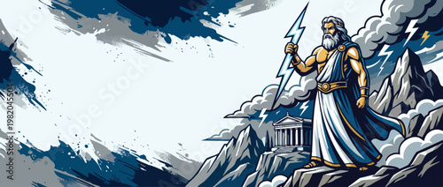 Zeus God of Lightning Standing on Mountain with Storm Clouds Promoting Power