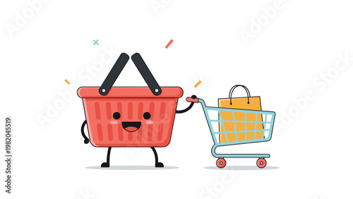 Cute red shopping basket character with a friendly face pushing a small cart containing a brown paper bag for retail and grocery themes.