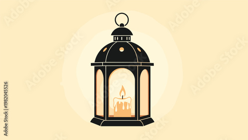 Black vintage style lantern containing a lit orange candle provides a warm glow against a soft yellowish circular background pattern.