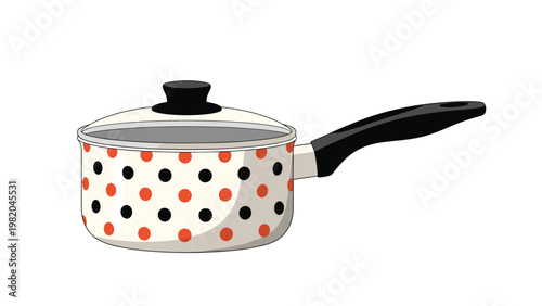 White ceramic cooking pot decorated with a pattern of black and red polka dots features a long black handle and a matching lid on top.