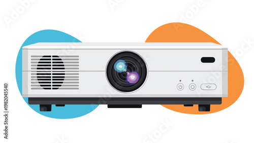 Modern white digital projector equipment displayed against a background of abstract blue and orange shapes for business or home cinema.