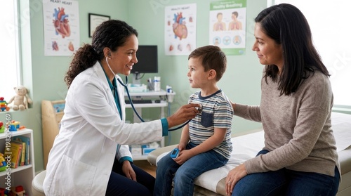 A female doctor listens to a young boy's heart with a stethoscope while his mother watches attentively. The doctor is in a medical office setting, examining the child.