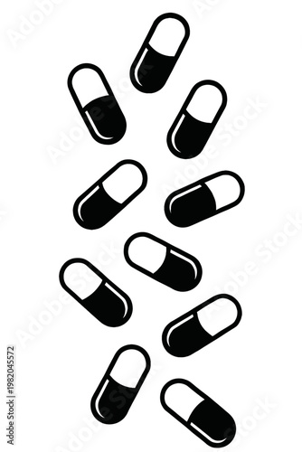 Falling Capsules Vector Illustration - Dynamic Healthcare Character for Supplement Branding, Wellness Gift Guides, and Fast-Acting Relief Icons. Modern Black and White Line Art.