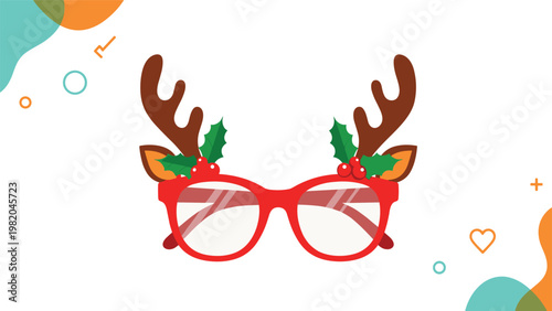 Festive red glasses frame decorated with brown reindeer antlers and green holly leaves with red berries for a fun Christmas accessory.