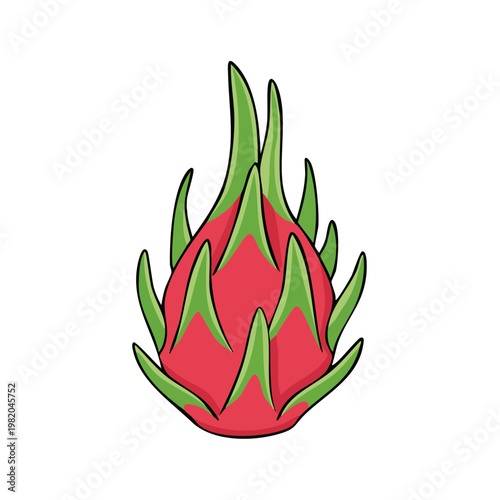 Vibrant Cartoon Dragon Fruit with Green Scales and Red Skin Isolated on White