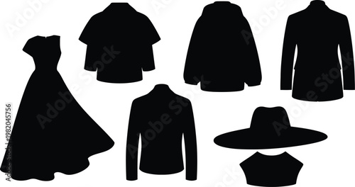 Elegant fashion clothing silhouette set, featuring stylish evening gown, wide-brimmed hat, tailored jackets, and winter coats vector
