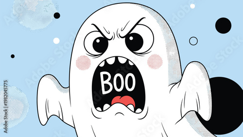 Angry white ghost character with a wide open mouth shouting the word boo depicted in a fun and comic style for Halloween celebrations.
