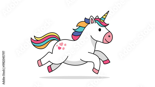 Magical white unicorn character with a vibrant rainbow mane and tail galloping across a white background with pink heart details on its side.
