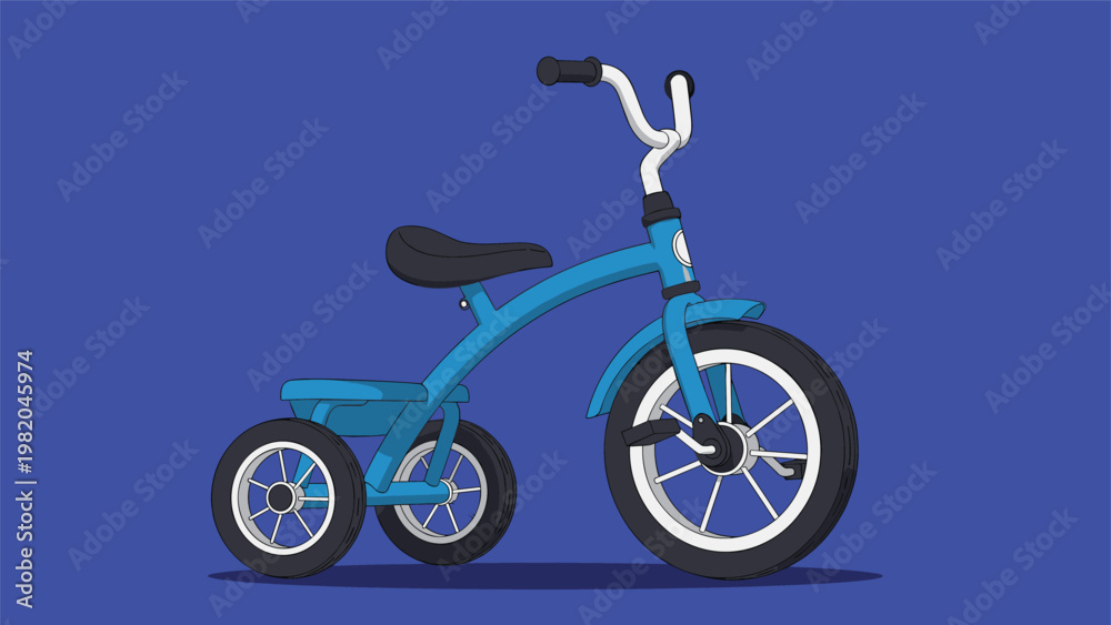 Fototapeta premium Stylish blue childs tricycle with white wheels and black seat shown in profile on a dark blue background.