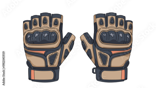 Pair of tan and black fingerless protective gloves with knuckle guards for motorcycle riding or tactical use.
