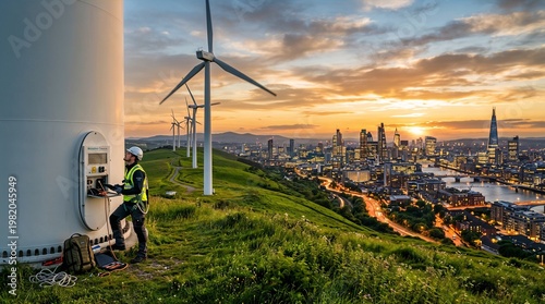 Wind Turbine on Green Hill Overlooking City – Sustainable Energy and Urban Integration