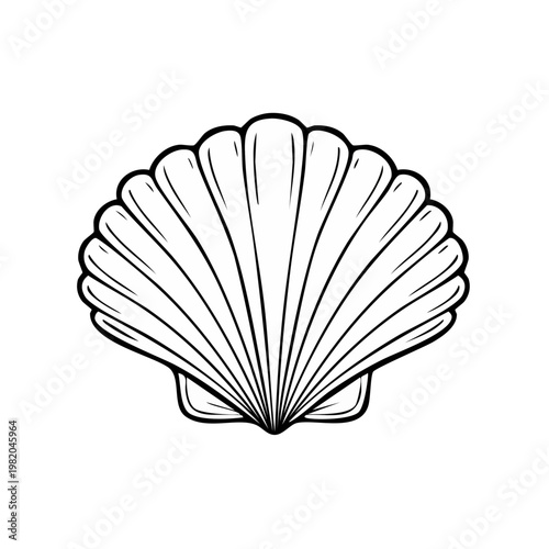 Stylized Black and White Scallop Shell Illustration Isolated on White Background